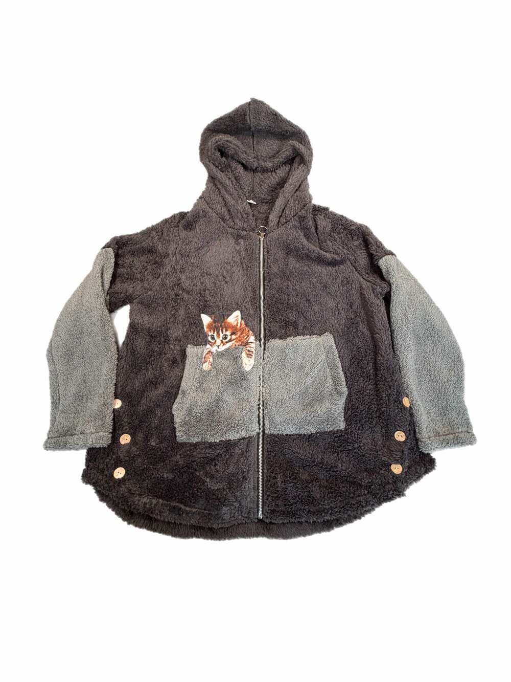 Fuzzy Fleece Cat Graphic Zip-Up Hoodie Jacket PTP 25”